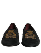Black Velvet Crown Embroidery Loafers Shoes