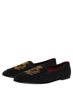 Black Velvet Crown Embroidery Loafers Shoes