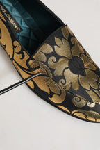 Black Gold Floral Jacquard Dress Loafers Shoes