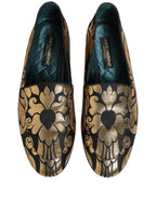 Black Gold Floral Jacquard Dress Loafers Shoes