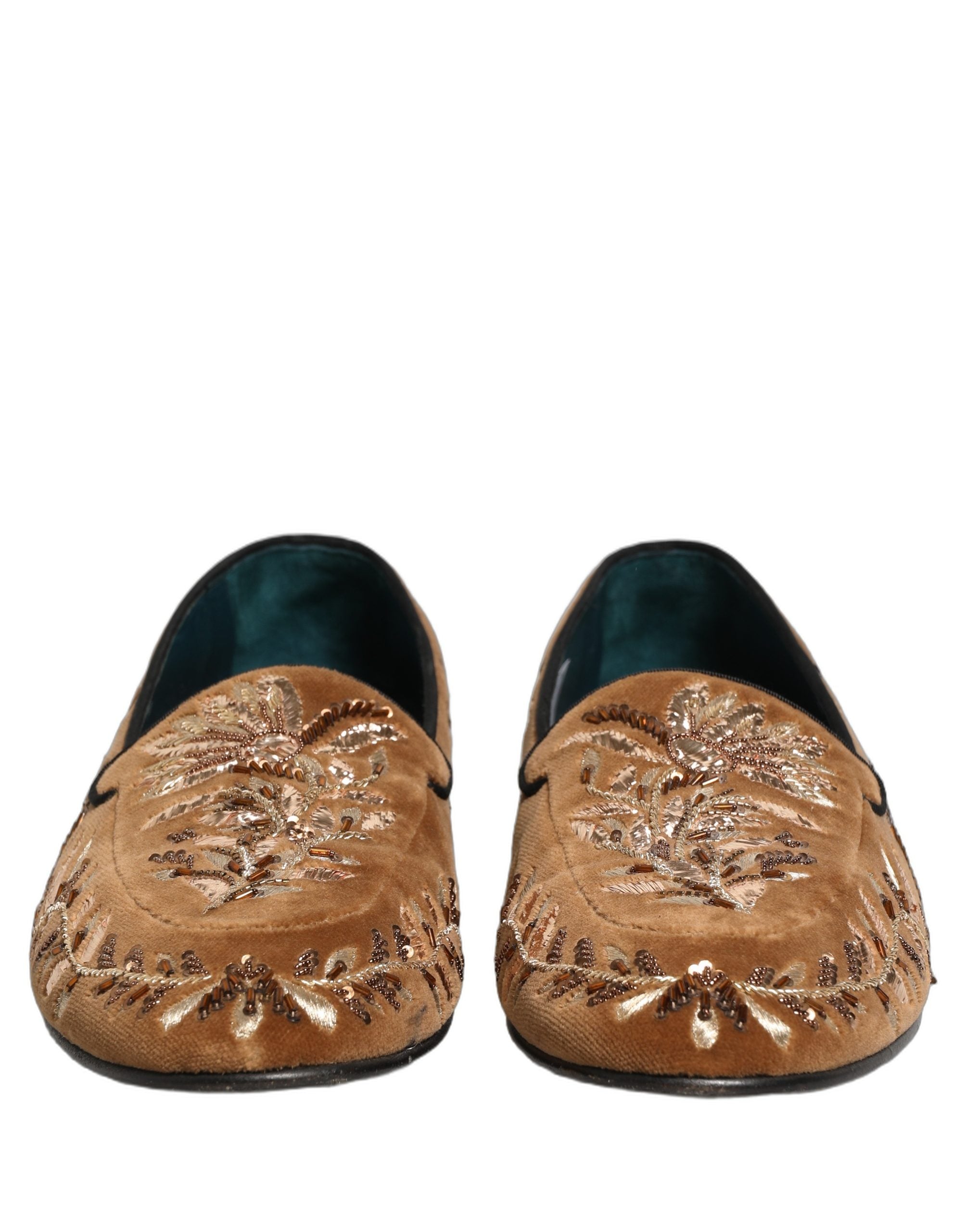 Brown Velvet Floral Embroidery Loafers Shoes