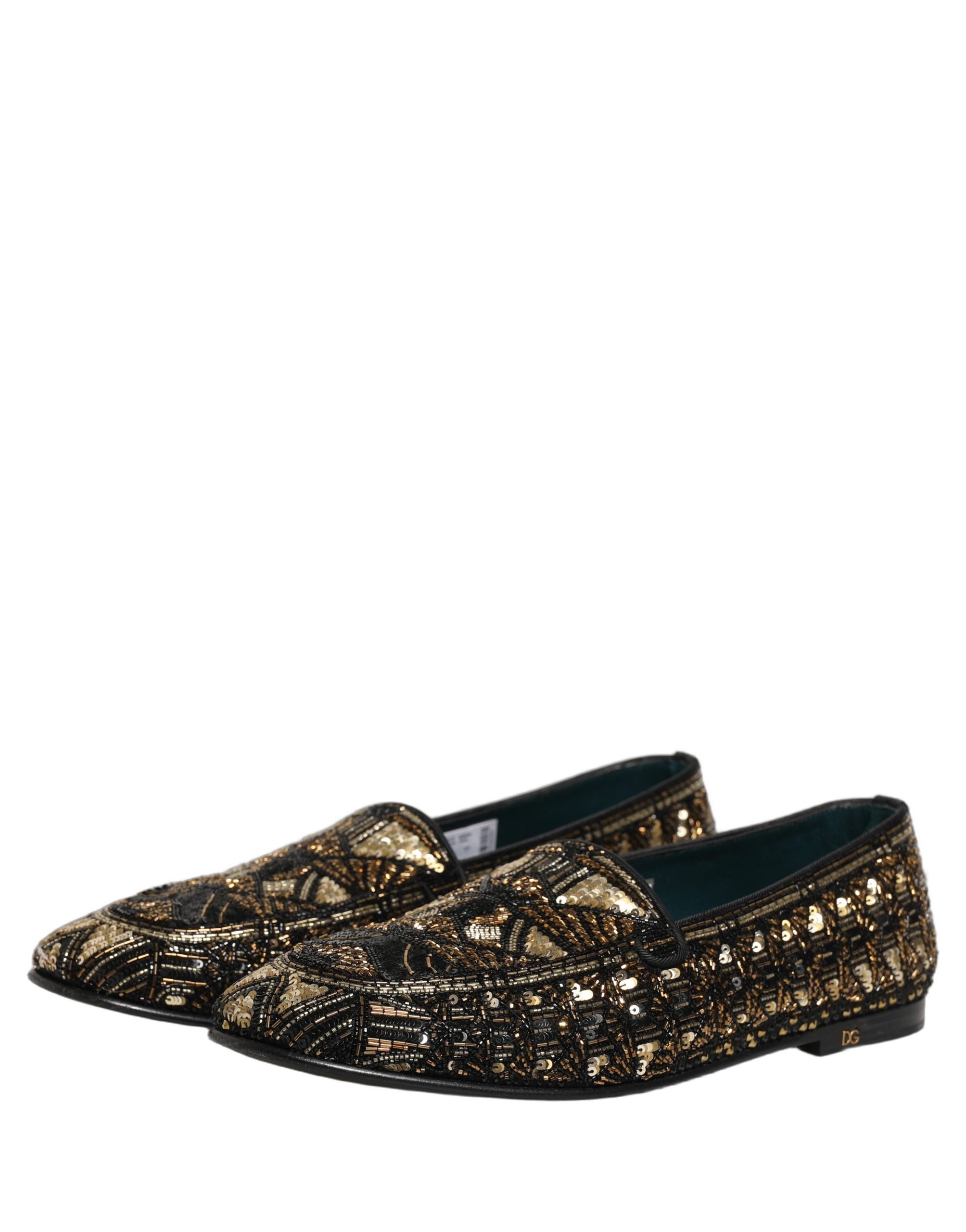 Black Gold Embellished Slip On Loafers Shoes