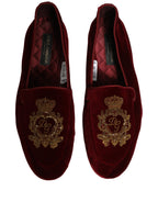 Maroon Velvet Crown Embroidery Loafers Shoes