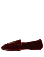 Maroon Velvet Crown Embroidery Loafers Shoes
