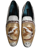 White Gold Sequined Slip On Loafers Shoes