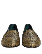 Gold Jacquard Leather Slip On Loafers Shoes