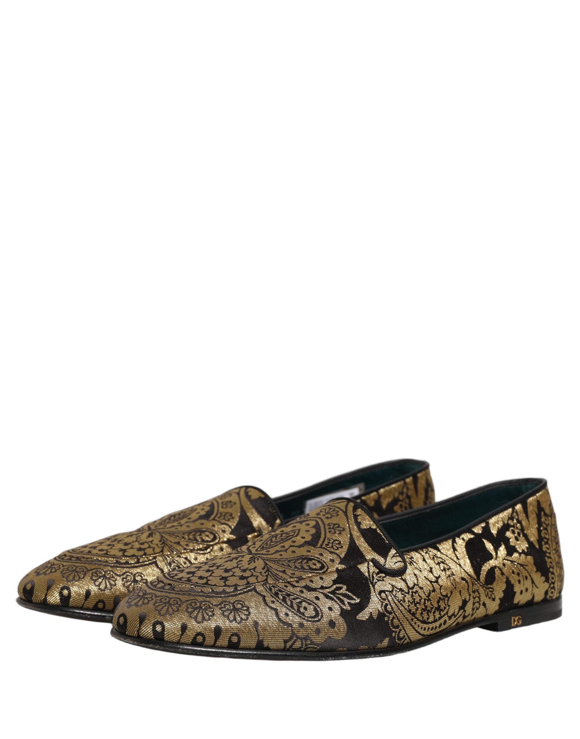 Gold Jacquard Leather Slip On Loafers Shoes