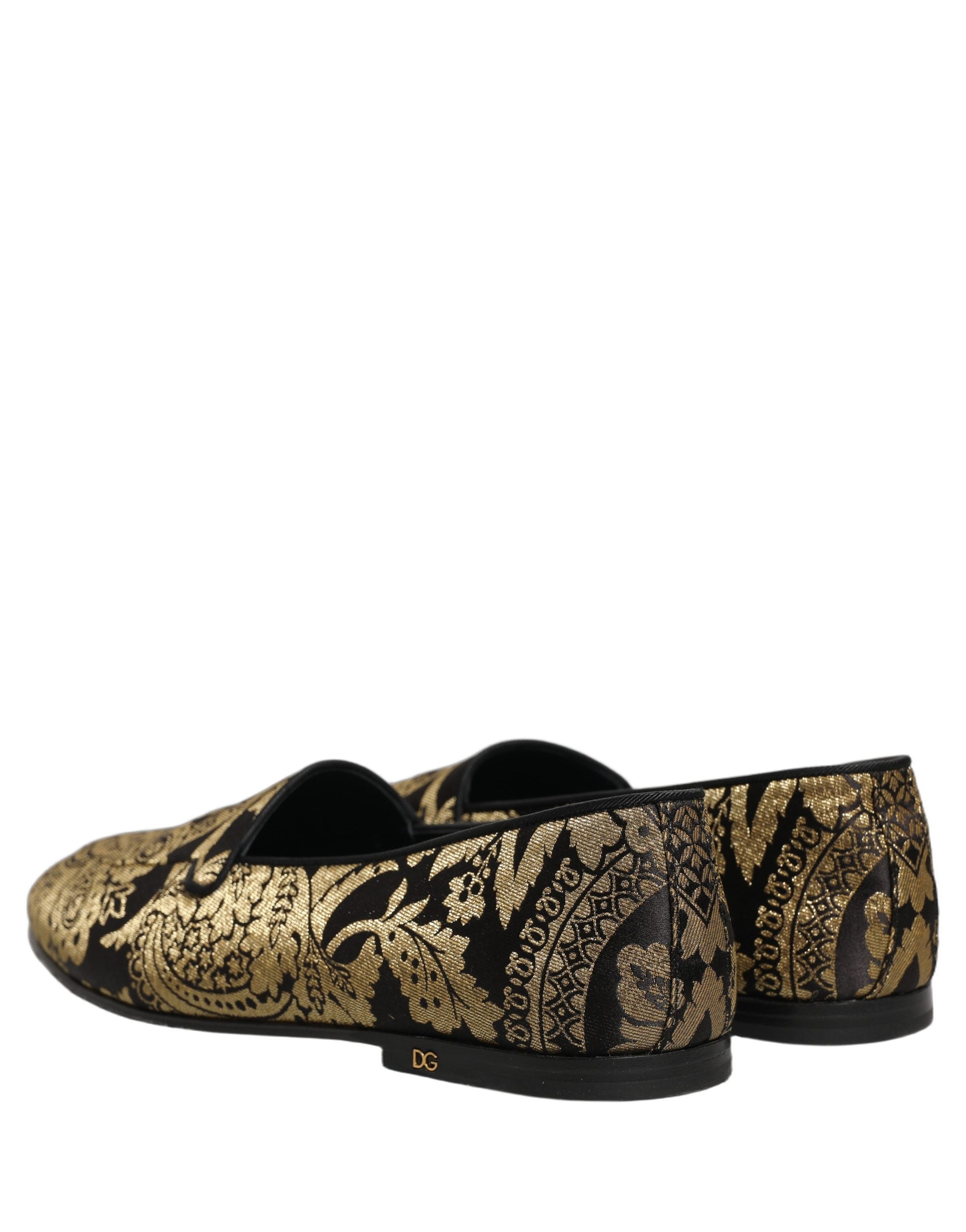 Gold Jacquard Leather Slip On Loafers Shoes