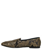 Gold Jacquard Leather Slip On Loafers Shoes