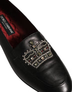 Black Leather Crown Embellished Loafers Shoes