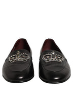 Black Leather Crown Embellished Loafers Shoes