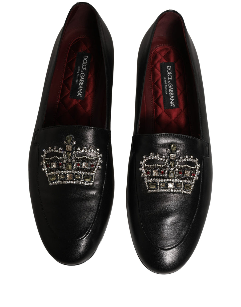 Black Leather Crown Embellished Loafers Shoes