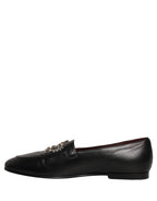 Black Leather Crown Embellished Loafers Shoes