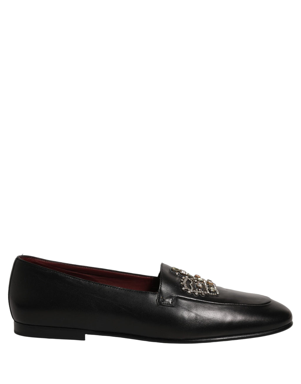 Black Leather Crown Embellished Loafers Shoes
