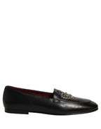 Black Leather Crown Embellished Loafers Shoes