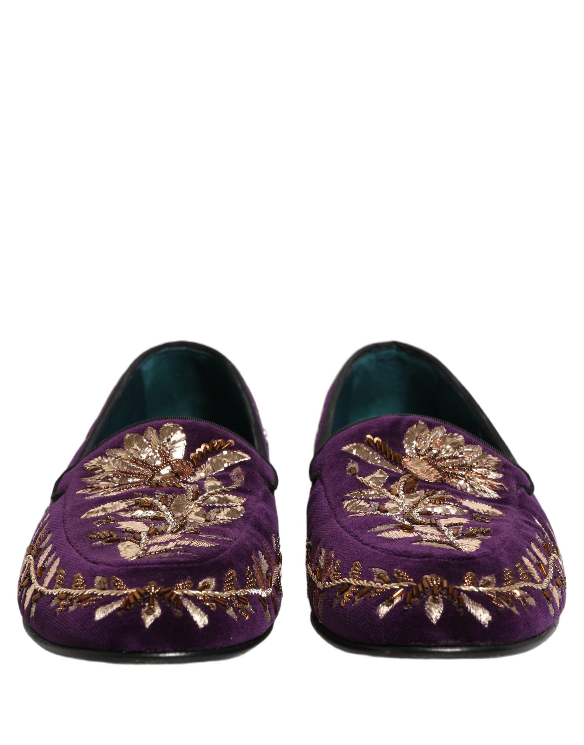 Violet Velvet Floral Embroidery Loafers Shoes