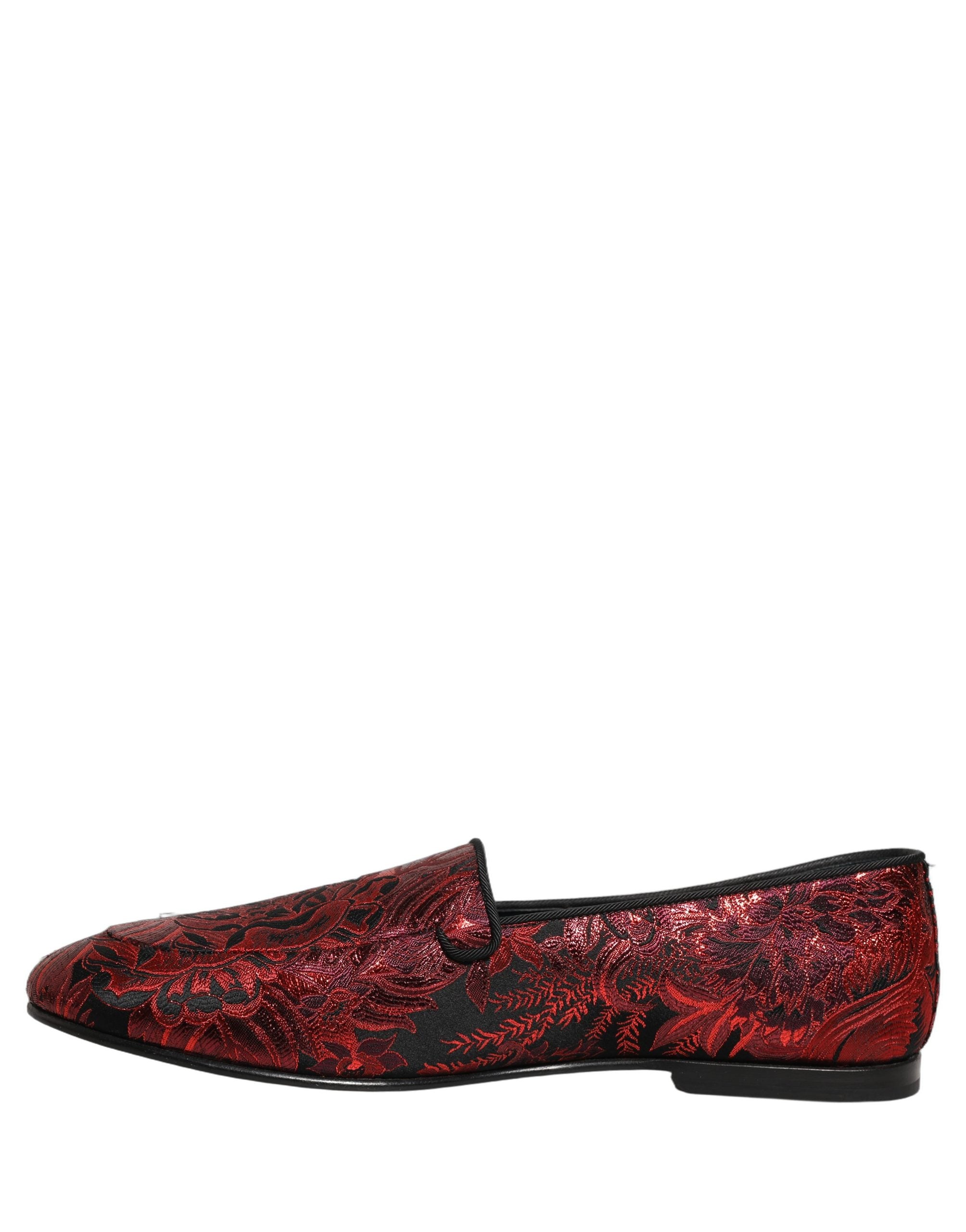 Red Floral Jacquard Slip On Loafers Shoes