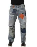 Blue Distressed Patchwork StraightDenim Jeans