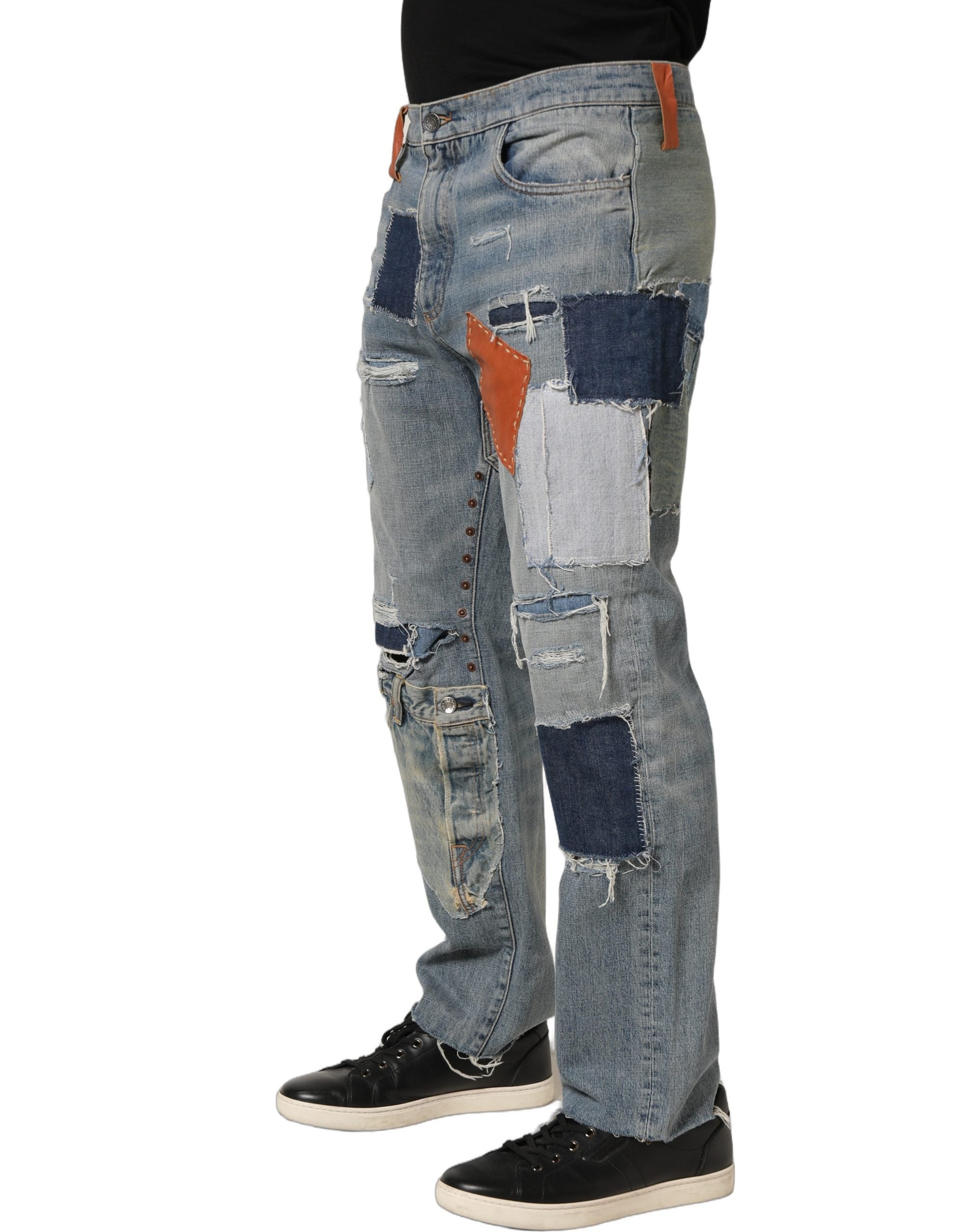 Blue Distressed Patchwork StraightDenim Jeans