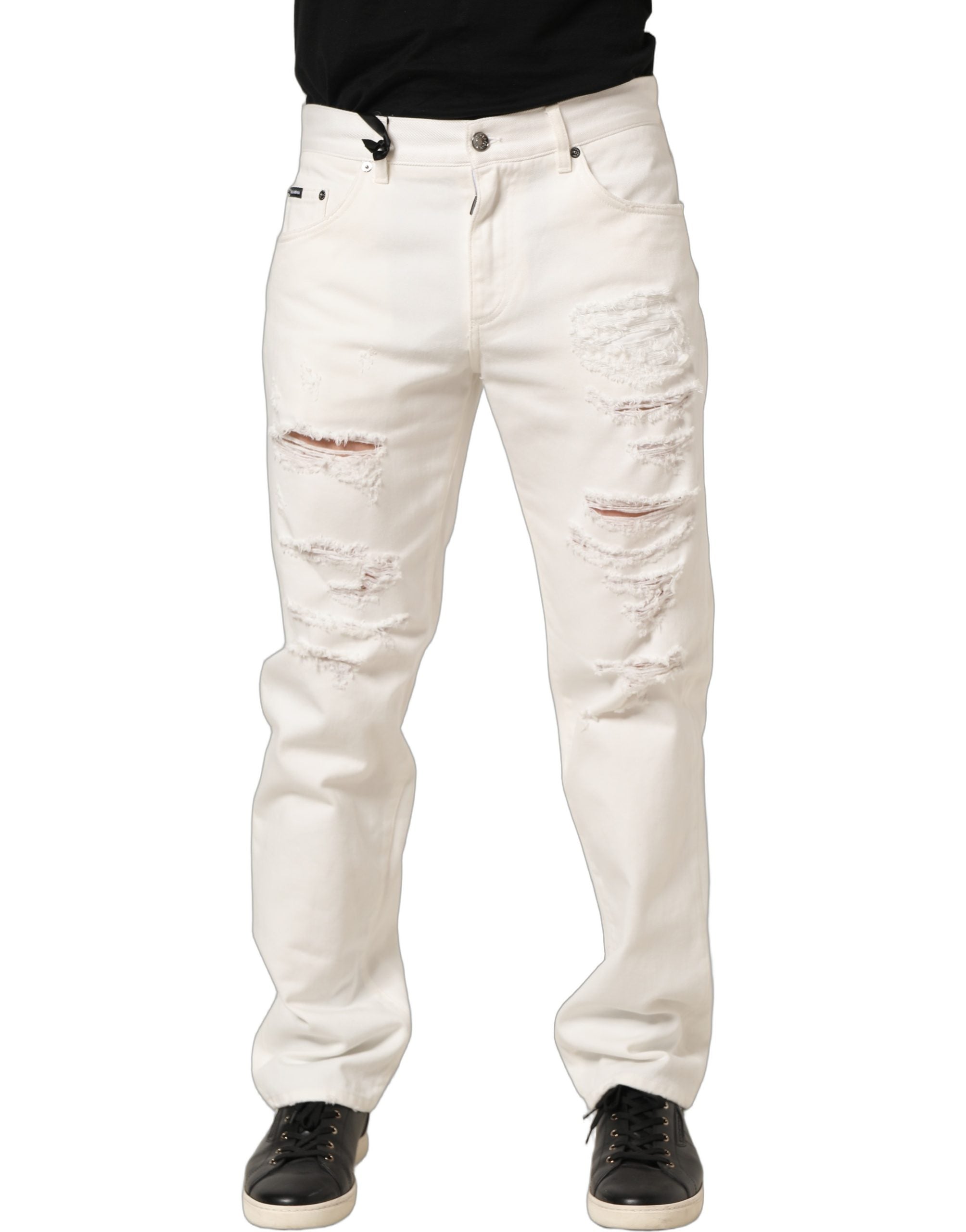 White Cotton Distressed Straight Denim Jeans