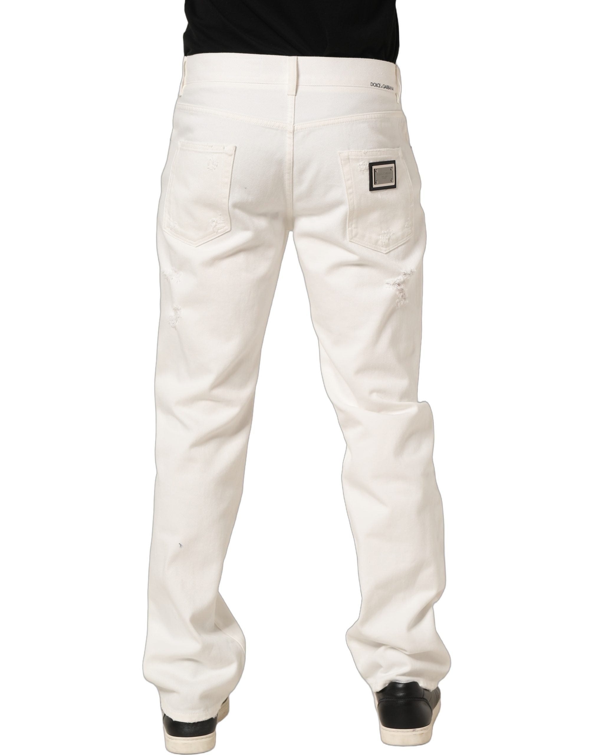 White Cotton Distressed Straight Denim Jeans