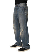 Blue Cotton Distressed Straight Denim Jeans