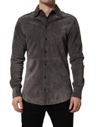 Gray Suede Long Sleeves Button Down Shirt