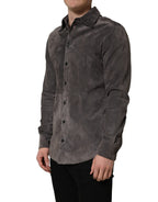 Gray Suede Long Sleeves Button Down Shirt