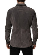 Gray Suede Long Sleeves Button Down Shirt