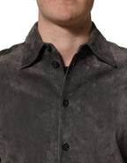 Gray Suede Long Sleeves Button Down Shirt
