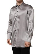 Metallic Grey Satin Silk Formal Dress Shirt