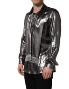 Silver Satin Silk Long Sleeves Men Dress Shirt