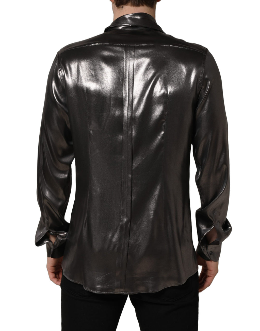 Silver Satin Silk Long Sleeves Men Dress Shirt