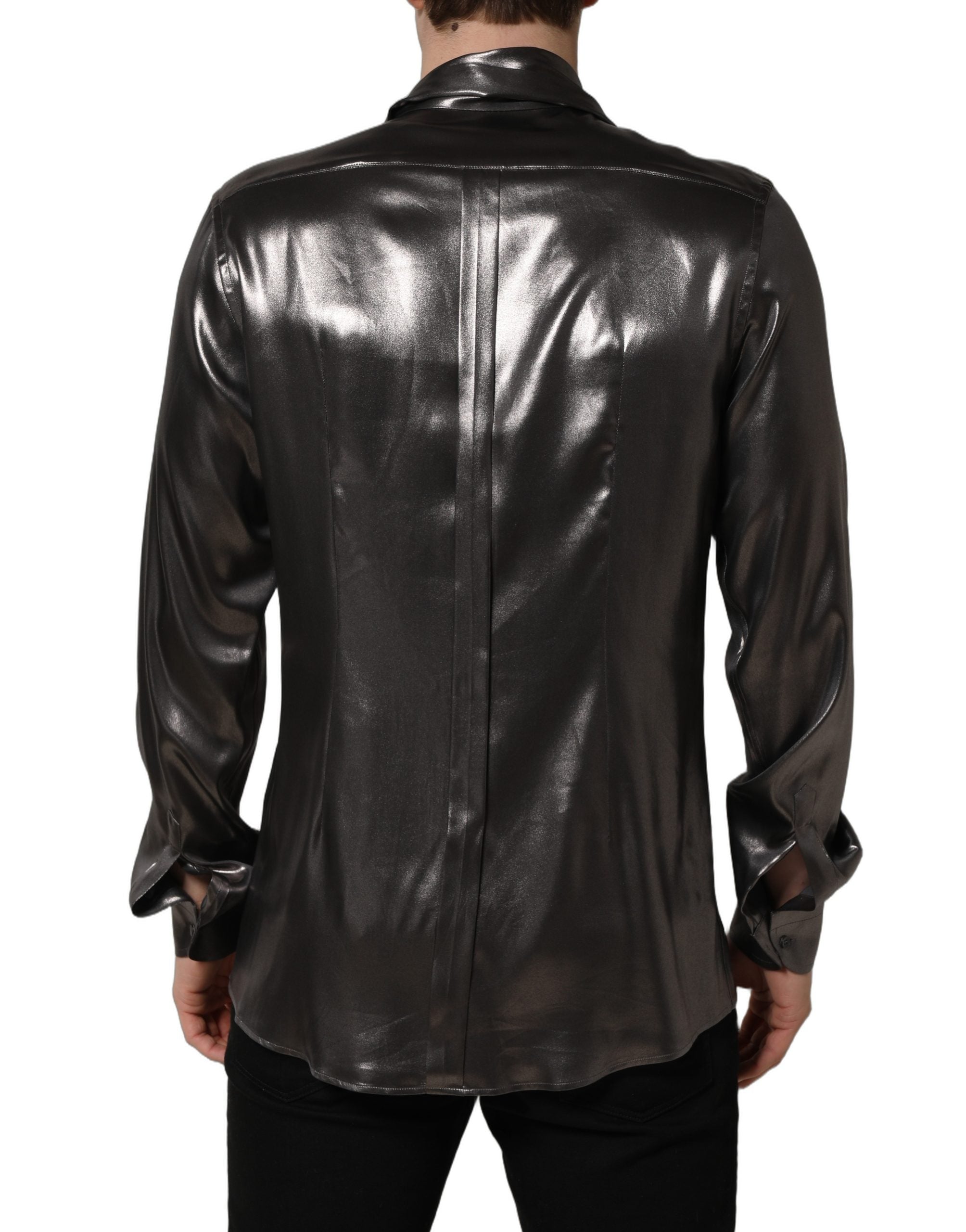 Silver Satin Silk Long Sleeves Men Dress Shirt