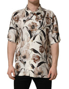Beige Tulip Print Silk Short Sleeves Shirt