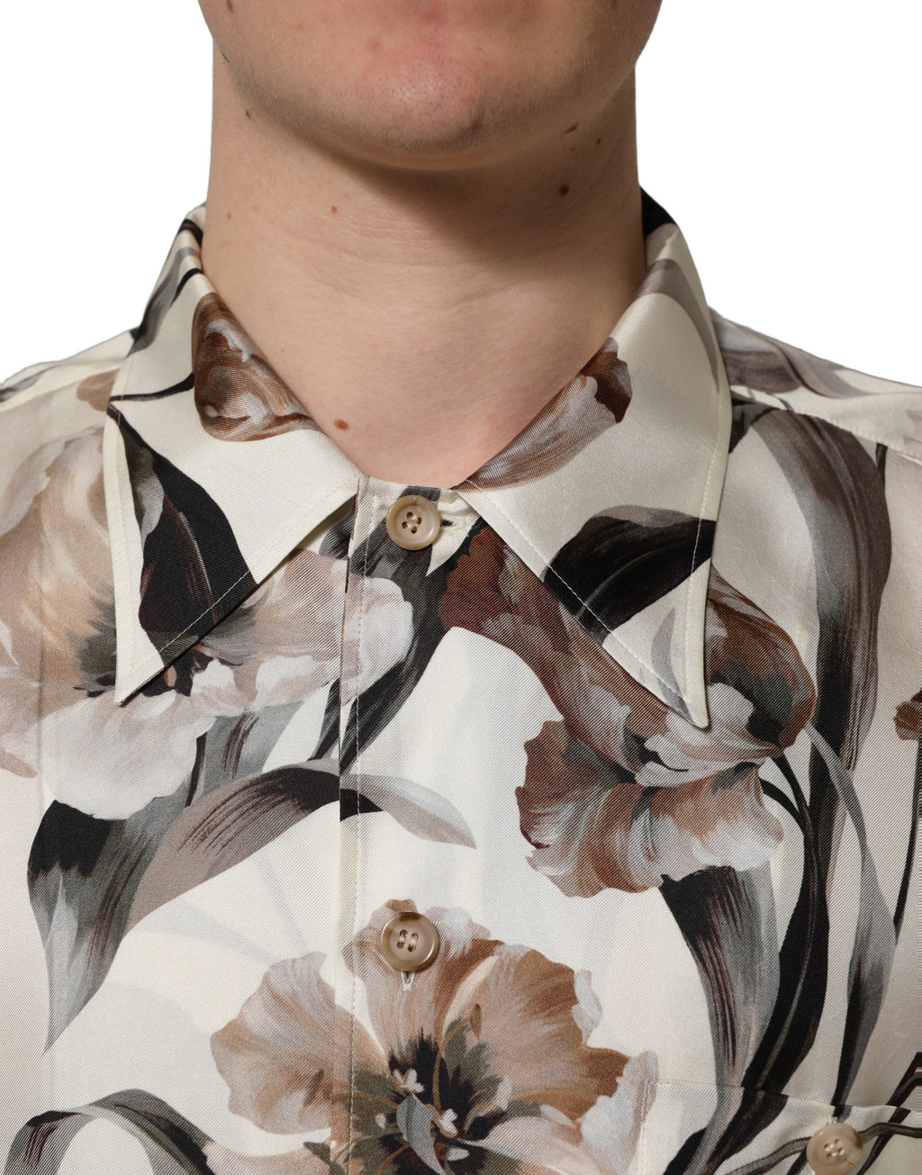 Beige Tulip Print Silk Short Sleeves Shirt