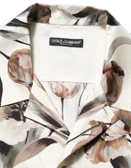 Beige Tulip Print Silk Short Sleeves Shirt
