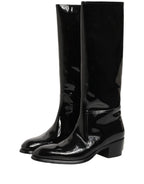 Black Leather Knee High Heels Boots Shoes