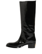 Black Leather Knee High Heels Boots Shoes