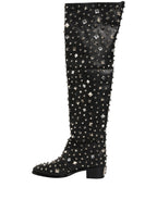 Black Crystal Embellished High Boots Shoes