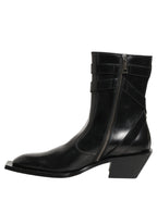 Black Leather DG Plaque Mid Calf Boots Shoes