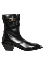 Black Leather DG Plaque Mid Calf Boots Shoes
