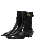 Black Leather DG Plaque Mid Calf Boots Shoes