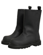Black Leather Mid Calf Chunky Men Boots Shoes