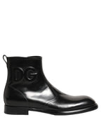Black Leather Embossed Logo Ankle Boots Shoes