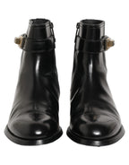 Black Leather Logo Buckle Mid Calf Boots Shoes