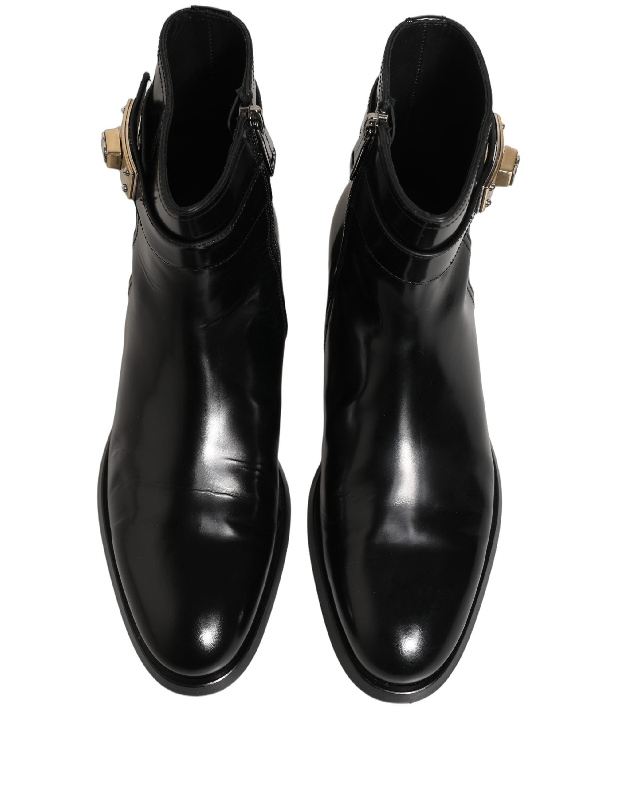 Black Leather Logo Buckle Mid Calf Boots Shoes