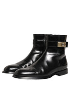 Black Leather Logo Buckle Mid Calf Boots Shoes