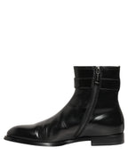 Black Leather Logo Buckle Mid Calf Boots Shoes
