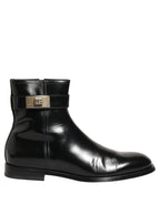 Black Leather Logo Buckle Mid Calf Boots Shoes
